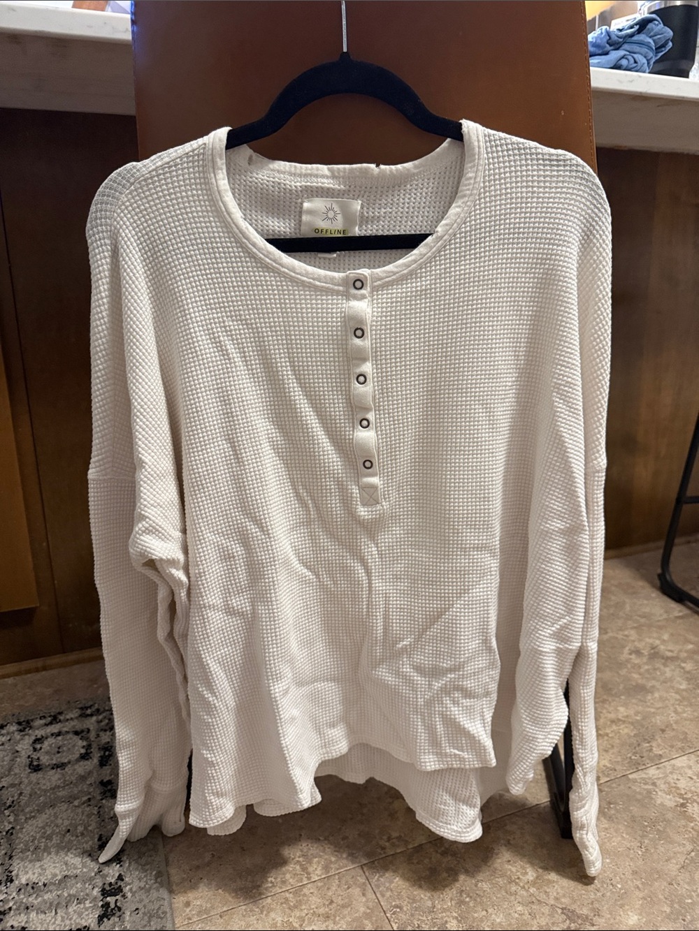 aerie White Waffle Henley Long Sleeve Top